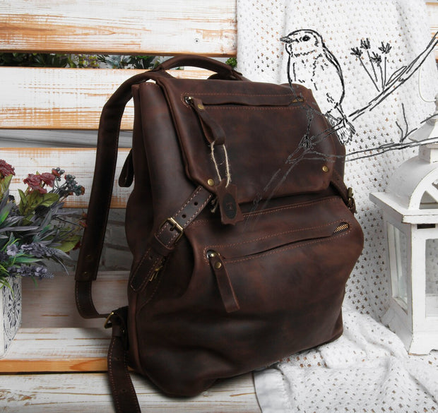 Handmade Leather Backpack for women and men, made with distressed genuine leather, Customizable sizes