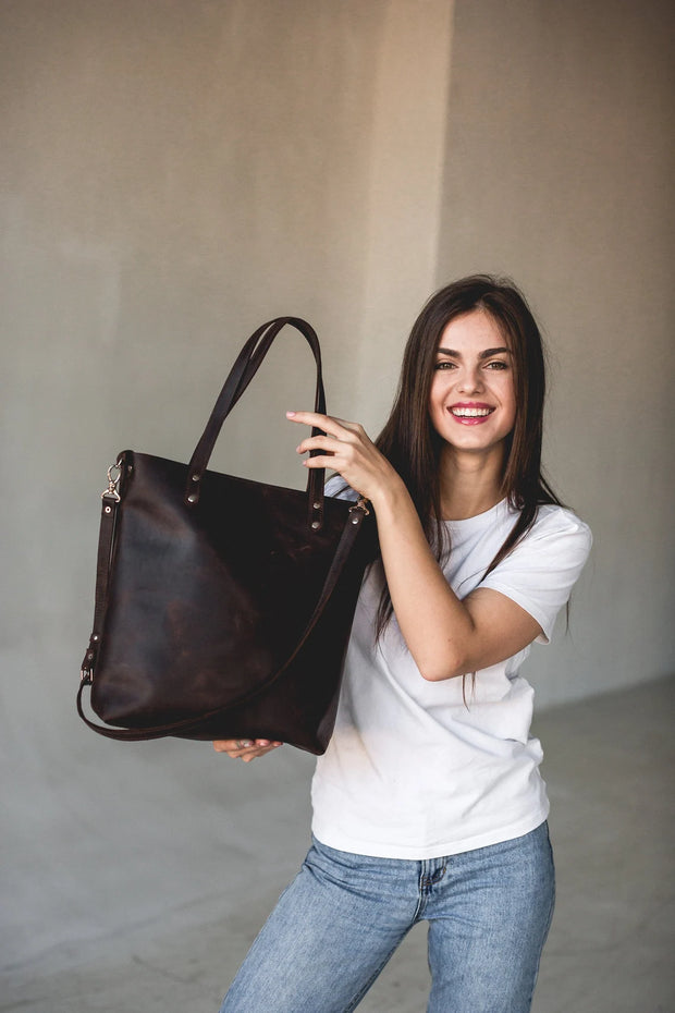 Leather Tote Bag | Pebbled Leather Shoulder Bag | Leather Handbag with Optional Outside Pocket Zipper Crossbody Strap | Personalization Bag (