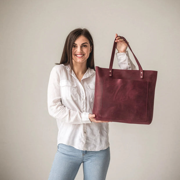 Leather Tote Bag | Pebbled Leather Shoulder Bag | Leather Handbag with Optional Outside Pocket Zipper Crossbody Strap | Personalization Bag (