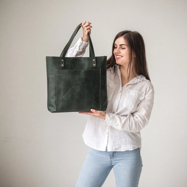 Leather Tote Bag | Pebbled Leather Shoulder Bag | Leather Handbag with Optional Outside Pocket Zipper Crossbody Strap | Personalization Bag (