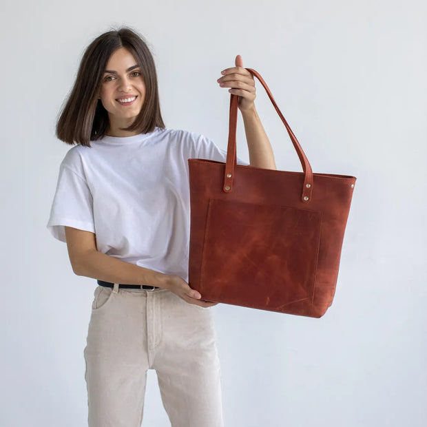 Leather Tote Bag | Pebbled Leather Shoulder Bag | Leather Handbag with Optional Outside Pocket Zipper Crossbody Strap | Personalization Bag (