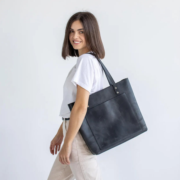 Leather Tote Bag | Pebbled Leather Shoulder Bag | Leather Handbag with Optional Outside Pocket Zipper Crossbody Strap | Personalization Bag (