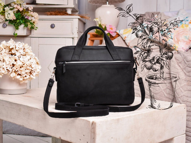Black Leather Laptop Bag, Unisex Design Work Bag, Handmade Carry-all for Woman and Man, Gift Idea