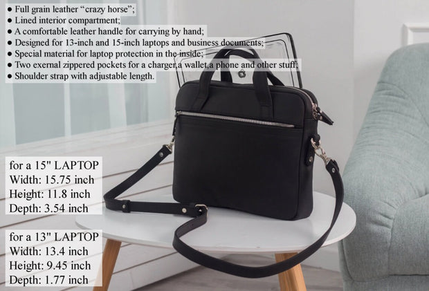 Black Leather Laptop Bag, Unisex Design Work Bag, Handmade Carry-all for Woman and Man, Gift Idea