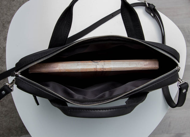 Black Leather Laptop Bag, Unisex Design Work Bag, Handmade Carry-all for Woman and Man, Gift Idea