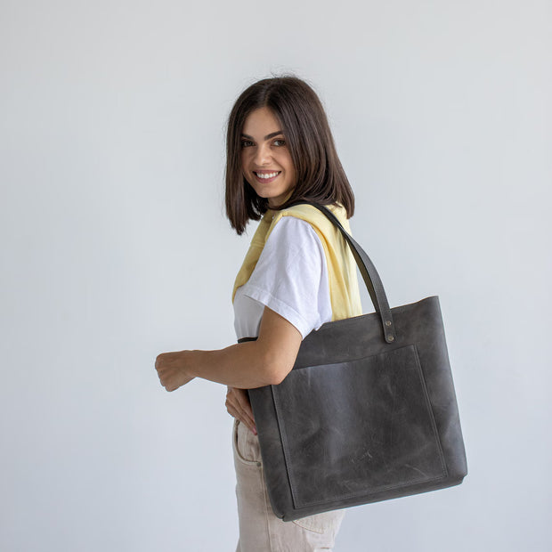 Leather Tote Bag | Pebbled Leather Shoulder Bag | Leather Handbag with Optional Outside Pocket Zipper Crossbody Strap | Personalization Bag