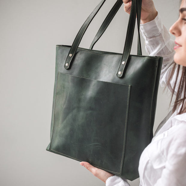 Leather Tote Bag | Pebbled Leather Shoulder Bag | Leather Handbag with Optional Outside Pocket Zipper Crossbody Strap | Personalization Bag