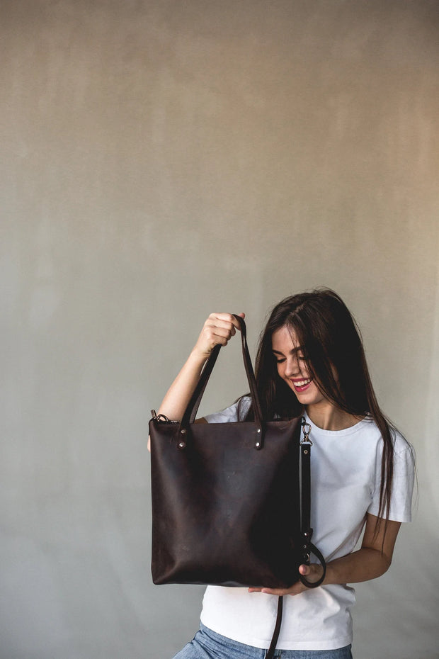 Leather Tote Bag | Pebbled Leather Shoulder Bag | Leather Handbag with Optional Outside Pocket Zipper Crossbody Strap | Personalization Bag
