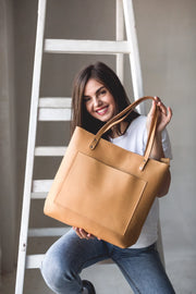 Leather Tote Bag | Pebbled Leather Shoulder Bag | Leather Handbag with Optional Outside Pocket Zipper Crossbody Strap | Personalization Bag