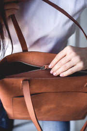Leather Tote Bag | Pebbled Leather Shoulder Bag | Leather Handbag with Optional Outside Pocket Zipper Crossbody Strap | Personalization Bag