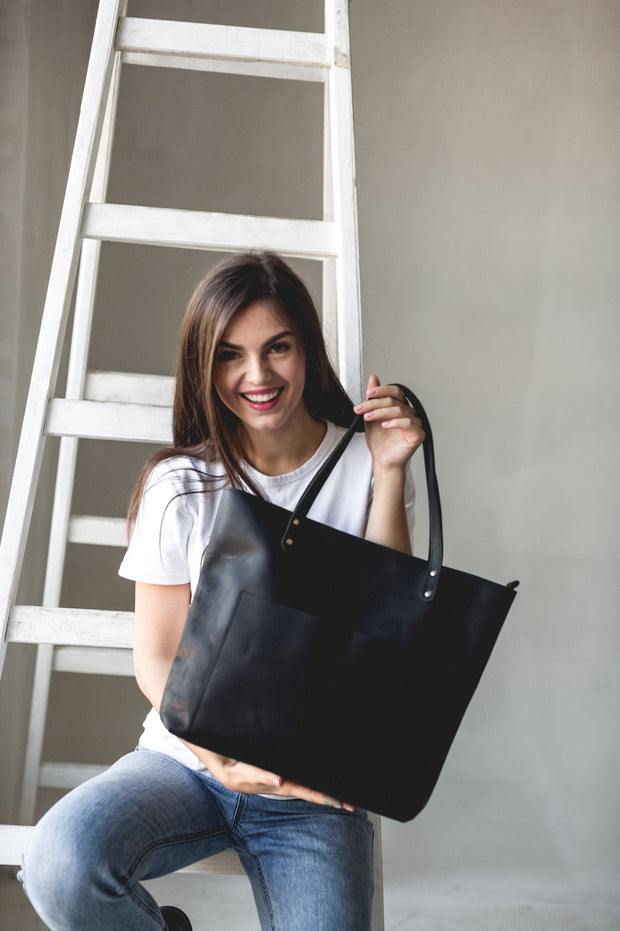 Leather Tote Bag | Handmade Tote Handbag | Zippered Tote | Leather Work Bag | Black Leather Tote Bag For Women | Large Shoulder Bag