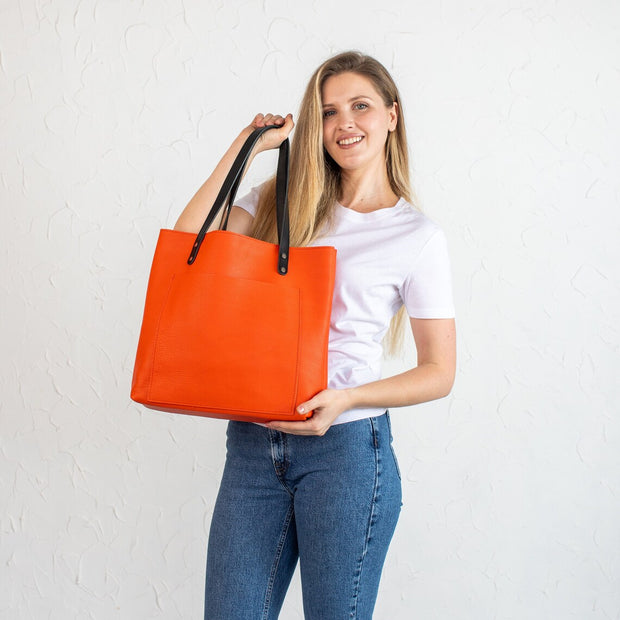 Orange Pebbled Leather Shoulder Bag for Everyday Use | Handcrafted Leather Tote Womens Bag | Leather Tote Bag for Women Men | Handmade Bag