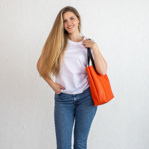 Orange Pebbled Leather Shoulder Bag for Everyday Use | Handcrafted Leather Tote Womens Bag | Leather Tote Bag for Women Men | Handmade Bag