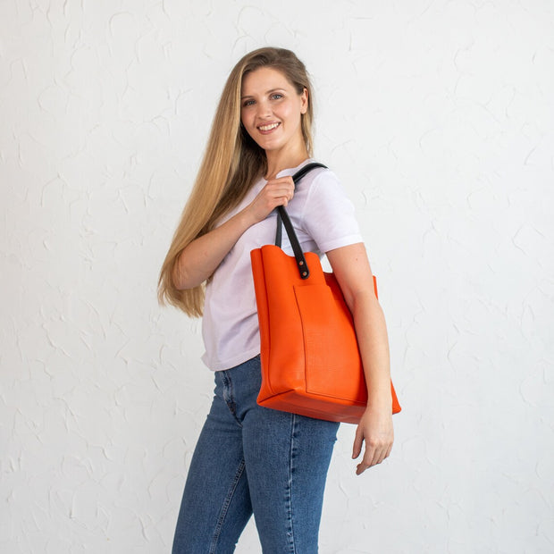 Orange Pebbled Leather Shoulder Bag for Everyday Use | Handcrafted Leather Tote Womens Bag | Leather Tote Bag for Women Men | Handmade Bag