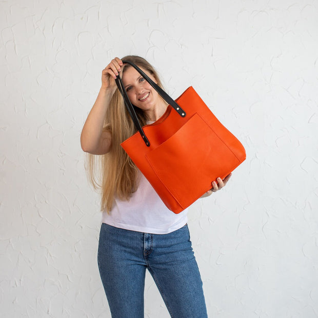 Orange Pebbled Leather Shoulder Bag for Everyday Use | Handcrafted Leather Tote Womens Bag | Leather Tote Bag for Women Men | Handmade Bag