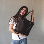Leather Tote Bag • Personalized Tote with Zipper • Monogram Bag Purse • Leather Purse Zipper • Leather Goods Tote • Brown Leather Tote Bag