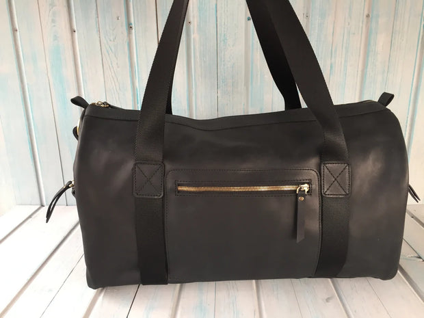 Black Leather Duffle Bag for man, Monogrammed leather travel bag with shoulder strap,Mens duffel bag for overnight trip, Weekend Bags