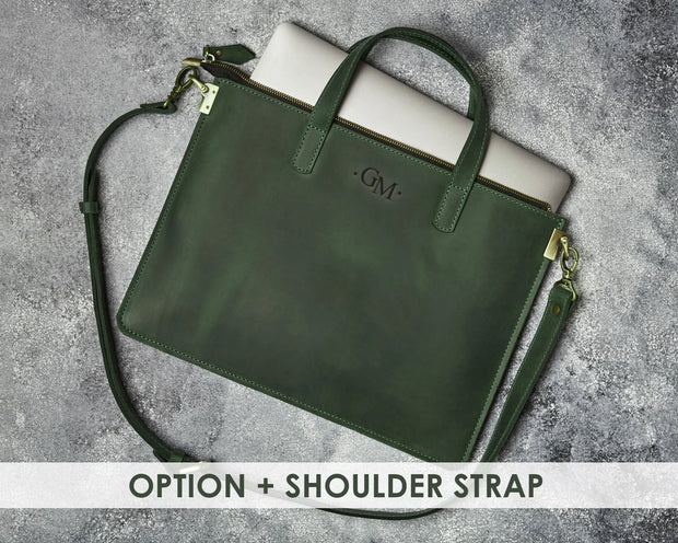 Mens leather laptop bag with shoulder strap and monogram, Personalized leather Macbook Air 13 sleeve for man, Best anniversary gifts for him