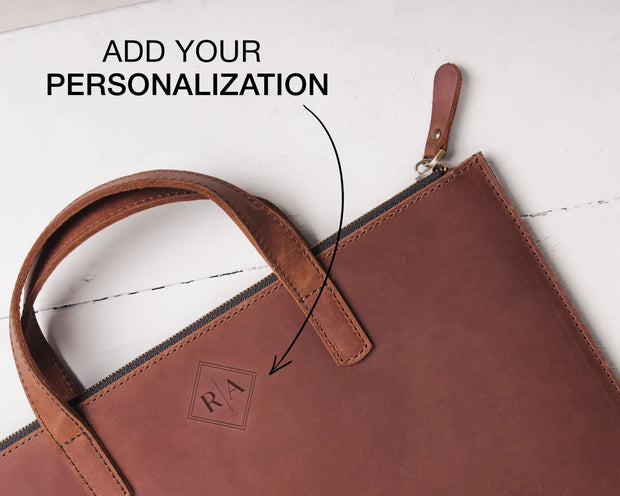 Mens leather laptop bag with shoulder strap and monogram, Personalized leather Macbook Air 13 sleeve for man, Best anniversary gifts for him