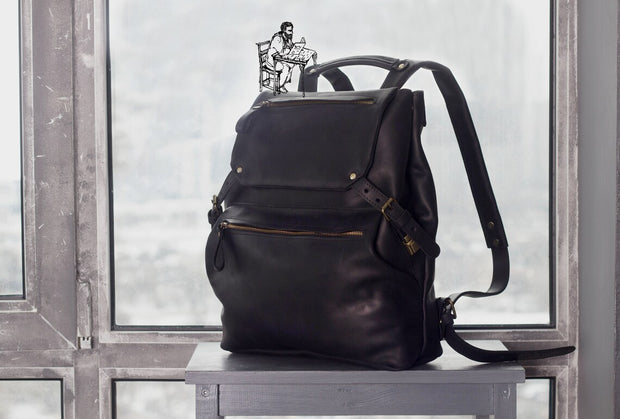 Black Leather Backpack for women and men, made with distressed genuine leather, Customizable sizes