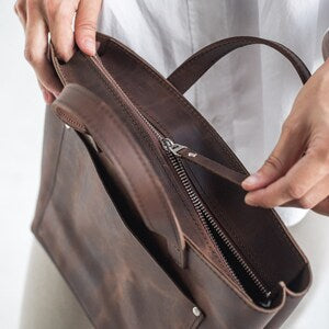 Leather mini classic tote bag | Personalization crossbody mini bag | Mini tote handbag with optional zipper, outside pocket, crossbody strap