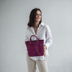 Leather mini classic tote bag | Personalization crossbody mini bag | Mini tote handbag with optional zipper, outside pocket, crossbody strap