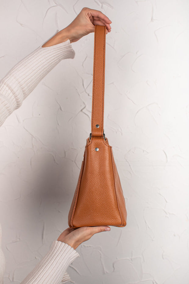 Leather Shoulder Purse | Pebbled Leather Shoulder Bag | Brown Pebbled Leather Bag | Personalization Shoulder Women Bag | Zippered Bag