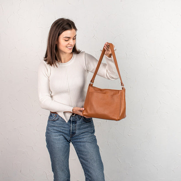 Leather Shoulder Purse | Pebbled Leather Shoulder Bag | Brown Pebbled Leather Bag | Personalization Shoulder Women Bag | Zippered Bag