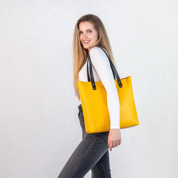 Bright Yellow Pebbled Leather Women's Tote Bag | Handmade Pebbled Leather Shoulder Bags for Everyday Use | Personalization Crossbody Tote