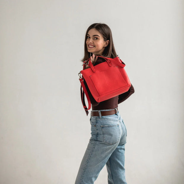 Red Leather Mini Tote Bag | Handmade Leather Mini Crossbody Tote Bags | Leather Mini Shoulder Tote Bag | Leather Mini Everyday Use Tote Bag