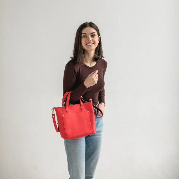 Red Leather Mini Tote Bag | Handmade Leather Mini Crossbody Tote Bags | Leather Mini Shoulder Tote Bag | Leather Mini Everyday Use Tote Bag
