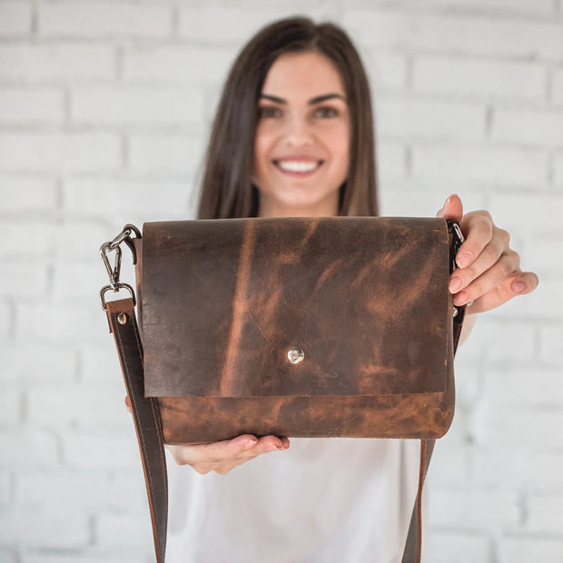 Small Leather Crossbody Bag • Distressed Leather Bag • Leather Shoulder Bag • Brown Leather Purse With Shoulder Strap • Handmade Crossbody