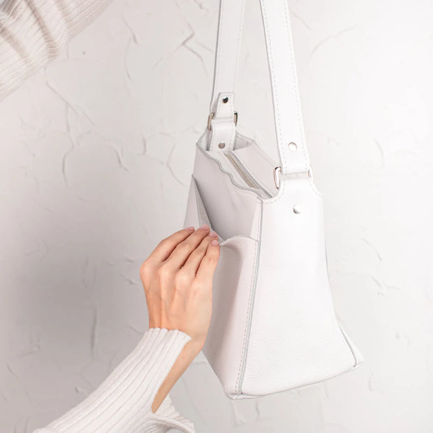White Pebbled Leather Handbag with Zipper | Genuine Pebbled Leather Shoulder Bag | Handmade Leather Everyday Use Bag | Leather Women Bags
