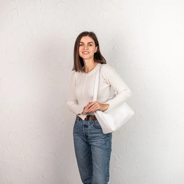 White Pebbled Leather Handbag with Zipper | Genuine Pebbled Leather Shoulder Bag | Handmade Leather Everyday Use Bag | Leather Women Bags