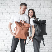 Roll Top Leather Backpack • Laptop Backpack With Zipper Pockets • Leather Rucksack • Large Travel Backpack • Everyday Leather Bags