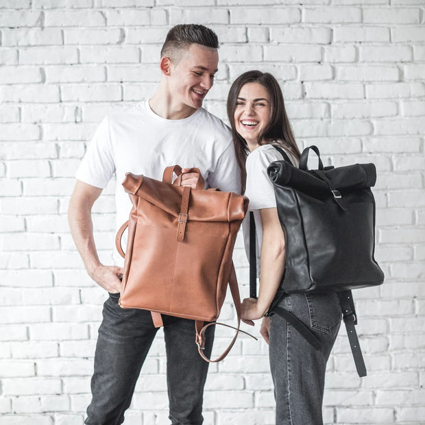 Roll Top Leather Backpack • Laptop Backpack With Zipper Pockets • Leather Rucksack • Large Travel Backpack • Everyday Leather Bags
