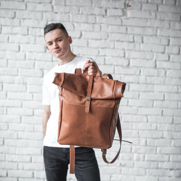 Roll Top Leather Backpack • Laptop Backpack With Zipper Pockets • Leather Rucksack • Large Travel Backpack • Everyday Leather Bags