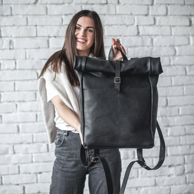 Roll Top Leather Backpack • Laptop Backpack With Zipper Pockets • Leather Rucksack • Large Travel Backpack • Everyday Leather Bags