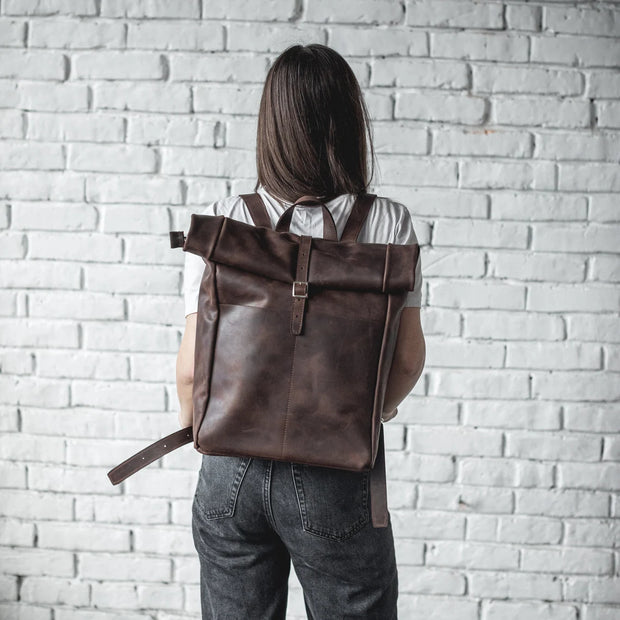 Roll Top Leather Backpack • Laptop Backpack With Zipper Pockets • Leather Rucksack • Large Travel Backpack • Everyday Leather Bags