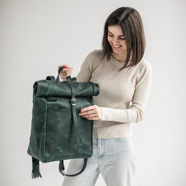 Roll Top Leather Backpack • Laptop Backpack With Zipper Pockets • Leather Rucksack • Large Travel Backpack • Everyday Leather Bags