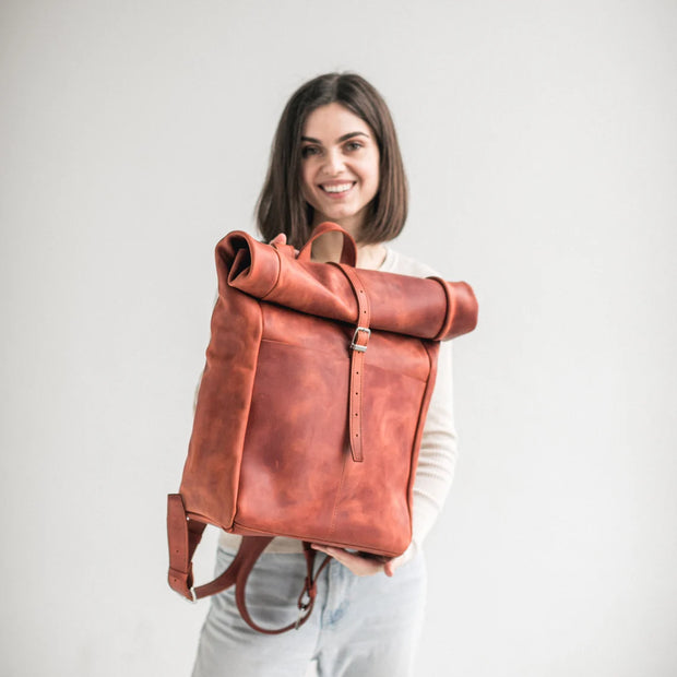 Roll Top Leather Backpack • Laptop Backpack With Zipper Pockets • Leather Rucksack • Large Travel Backpack • Everyday Leather Bags