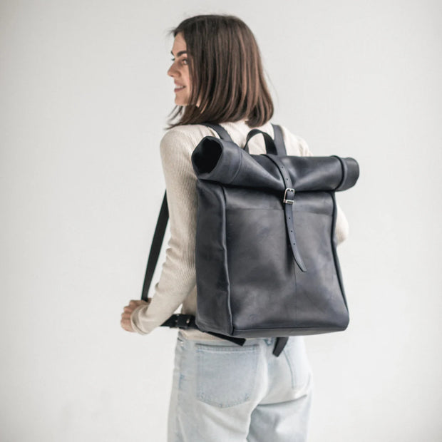 Roll Top Leather Backpack • Laptop Backpack With Zipper Pockets • Leather Rucksack • Large Travel Backpack • Everyday Leather Bags