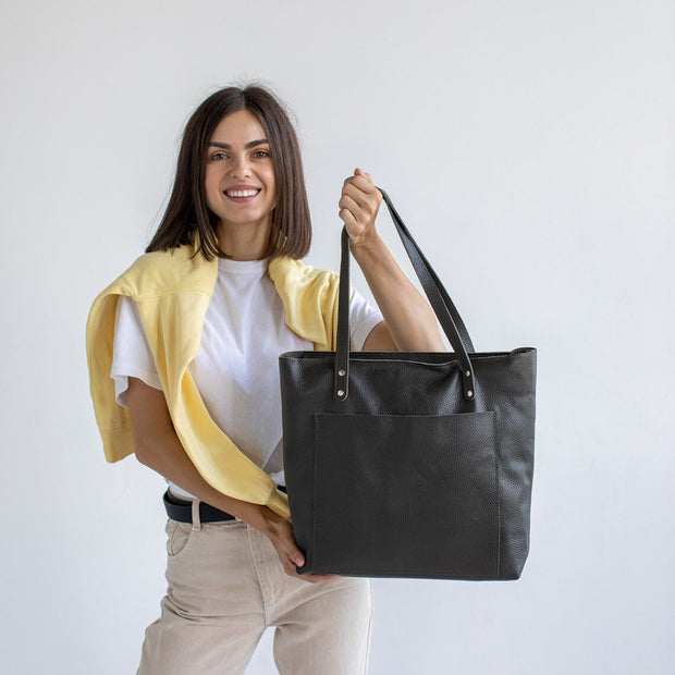 Leather women tote bag | Pebbled leather shoulder bag | Personalization leather tote bag | Leather work tote bags | Leather student bag