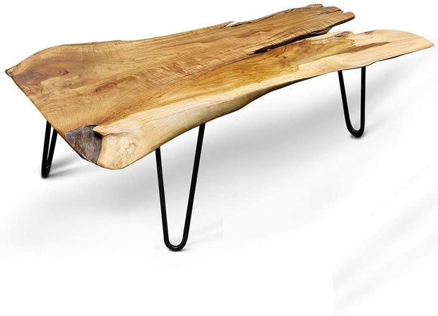 Badang Carving Natural Wood Edge Teak Contemporary Coffee Cocktail Table with Clear Lacquer Finish and Metal Hairpin Legs for Living Room