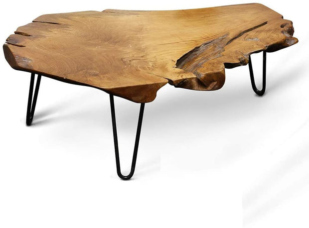 Badang Carving Natural Wood Edge Teak Contemporary Coffee Cocktail Table with Clear Lacquer Finish and Metal Hairpin Legs for Living Room