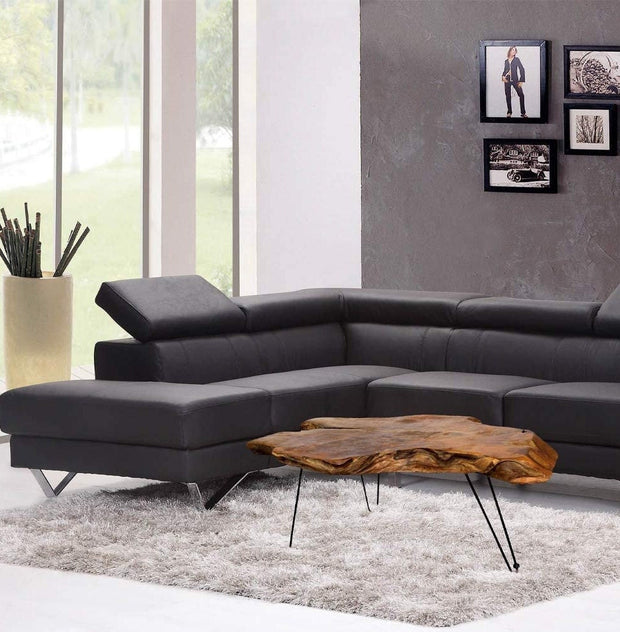 Badang Carving Natural Wood Edge Teak Contemporary Coffee Cocktail Table with Clear Lacquer Finish and Metal Hairpin Legs for Living Room