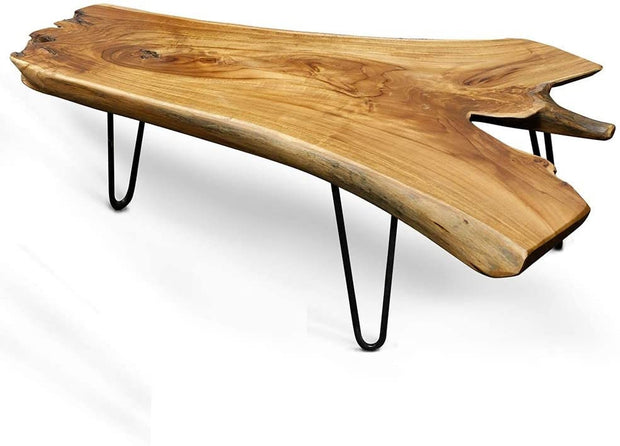 Badang Carving Natural Wood Edge Teak Contemporary Coffee Cocktail Table with Clear Lacquer Finish and Metal Hairpin Legs for Living Room
