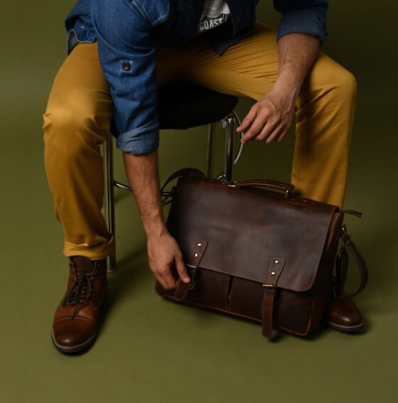 Handmade Buffalo Leather Messenger Cross-body Laptop Bag, Travel Handbag, Office Handbag Briefcase, Rustic Bag