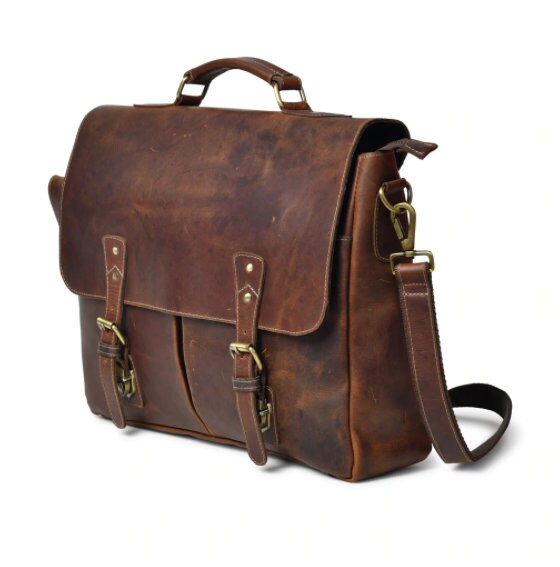 Handmade Buffalo Leather Messenger Cross-body Laptop Bag, Travel Handbag, Office Handbag Briefcase, Rustic Bag