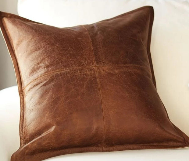 Genuine Lambskin Leather Pillow Cover - Sofa Cushion Case - Decorative Throw Covers for Living Room & Bedroom - Antique Brown